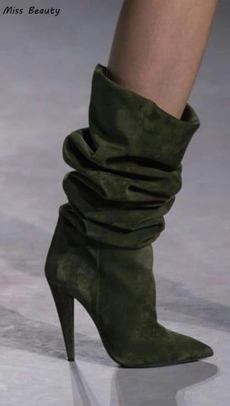 Green Leather Slouchy Spike Heeled Knee High High Heel Boots Women Pointy Toes Runway Bota