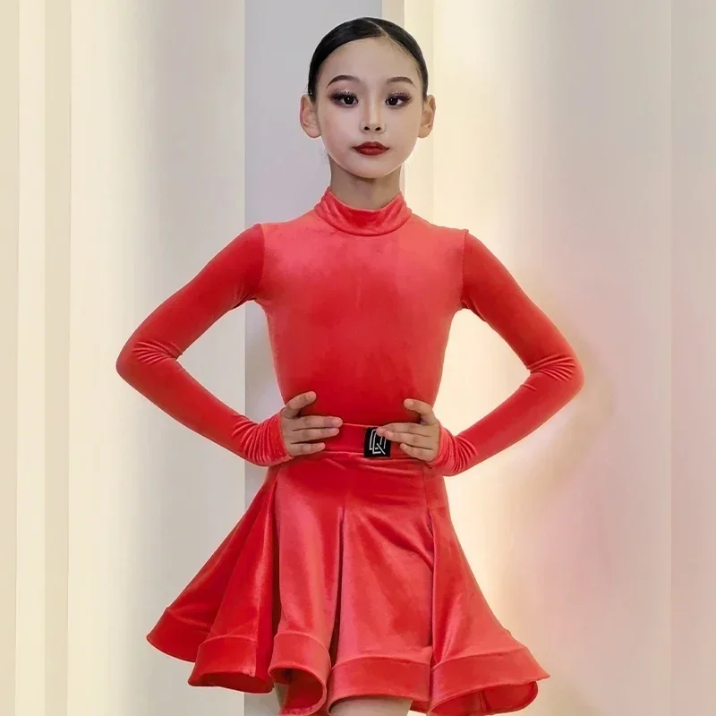 

Fashion Long Sleeved Latin Dance Performance Dress Girls Velvet Ballroom Dance Professional Costumes Stage Dancing Wear SL9717