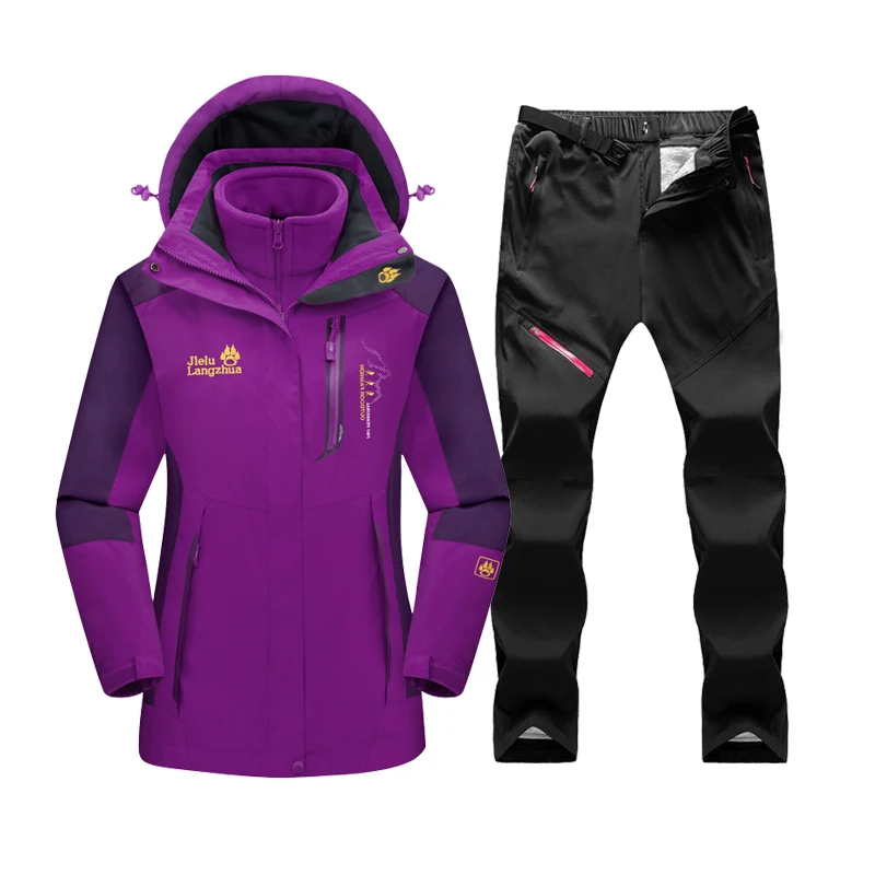 Terno de esqui impermeável para mulheres, esqui e snowboard à prova de vento, jaqueta de lã, calças grossas, roupas quentes de neve, roupa exterior,