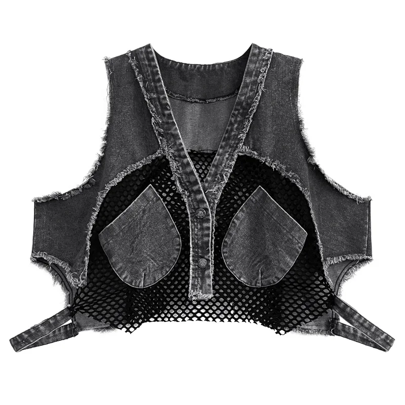 Damska kamizelka jeansowa letnia z dekoltem w serek, sprana, postarzana, patchworkowa, z kieszeniami, zapinana na jeden guzik, bez rękawów, kurtka streetwear 2025