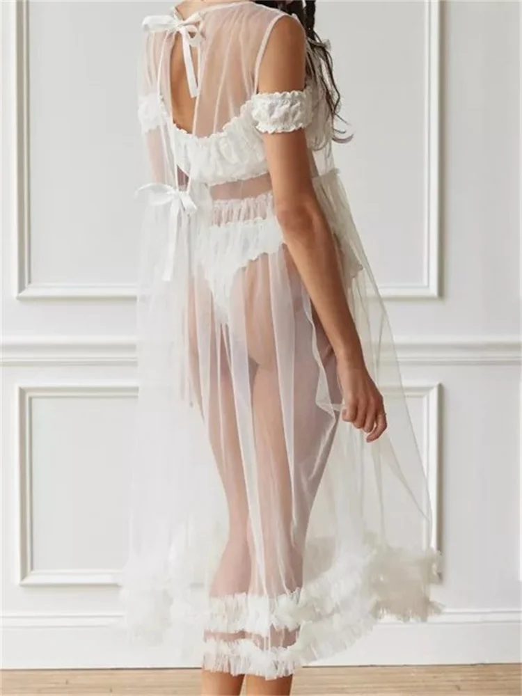 Chronstyle sexy Frauen Mesh schiere durch Midi-Kleid einfarbig Rundhals ausschnitt Rüschen ärmelloses Kleid Strand Bade bekleidung Vertuschungen