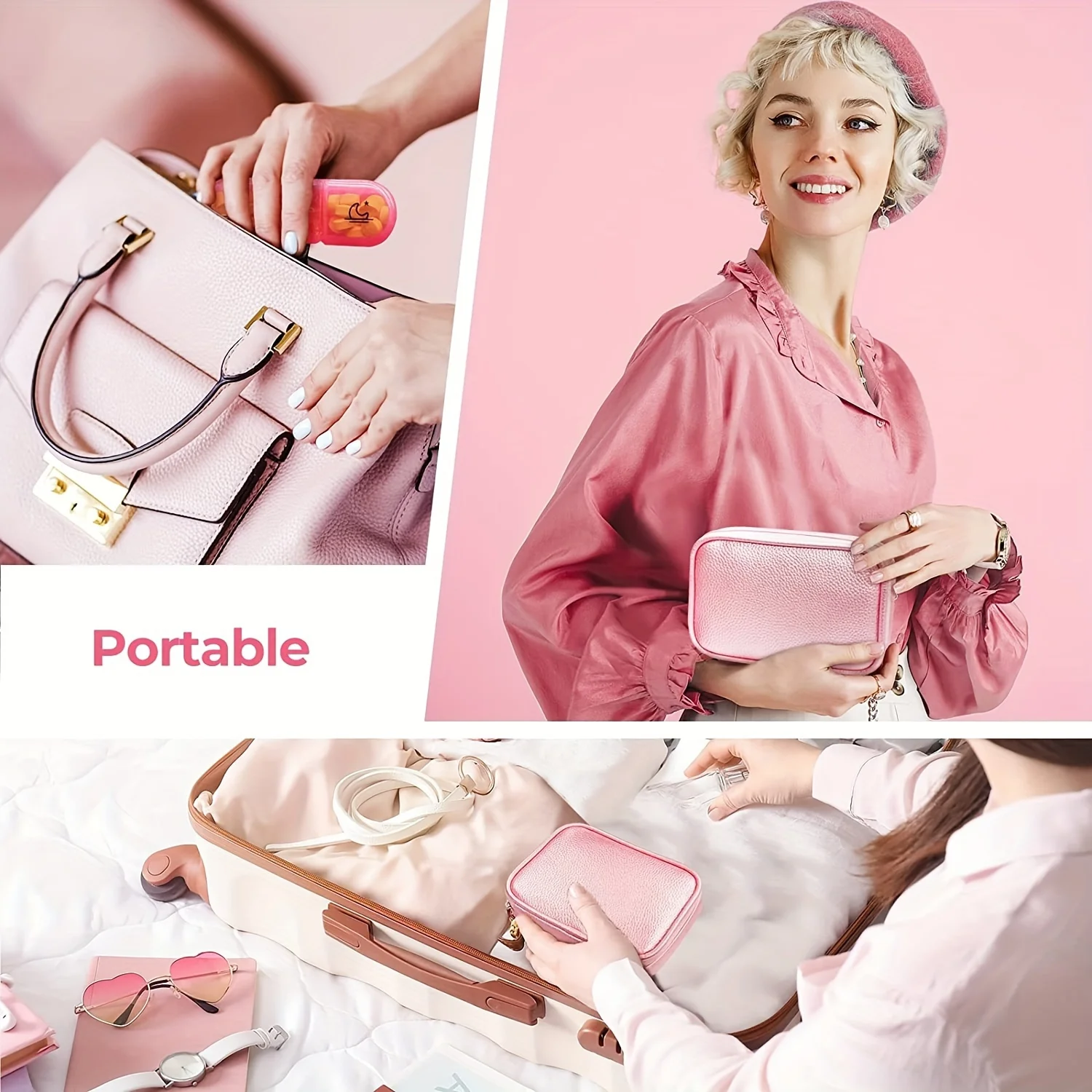 Weekly Pill Organizer 3 Times a Day, Portable 7 Day Pill Box with a PU Leather Bag for Travel, Fish Oils, Supplements, Pink