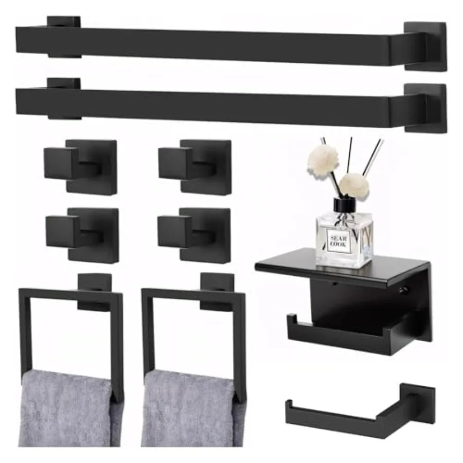 

10 Pieces Matte Black Bathroom Accessories Set 23.6 Inch Wall Mounted Stainless Steel Towel Racks for Bathroom Kitchen Bath Har