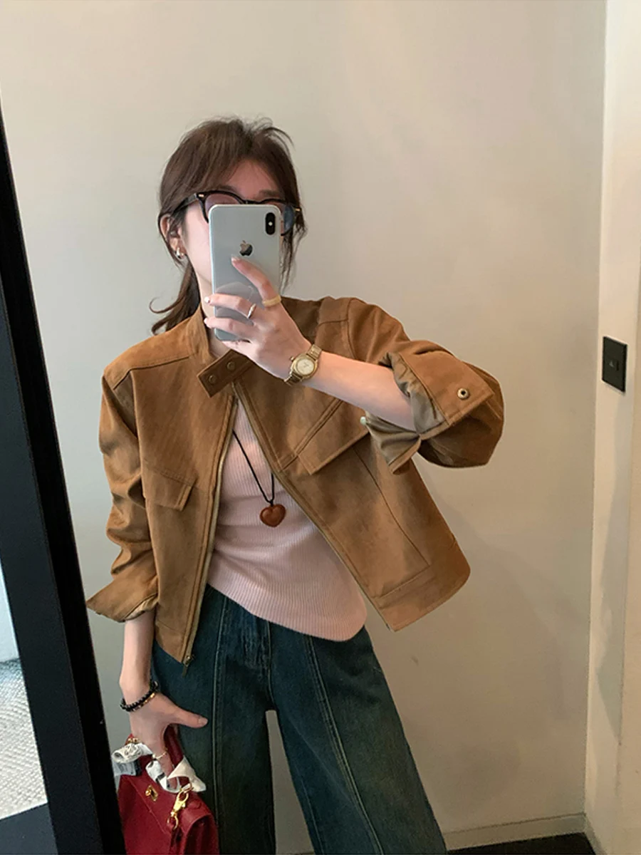 معطف نسائي جديد لربيع وخريف 2025 مصنوع من جلد الغزال عالي الإحساس مقاس صغير #3