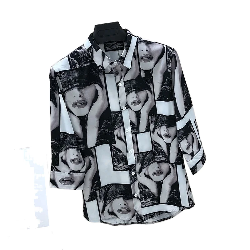 Summer New Shirt Men's Puffy Handsome Printed Korean Style Short-sleeved Fashionable Slim-fit Casual Mid-sleeved Shirt