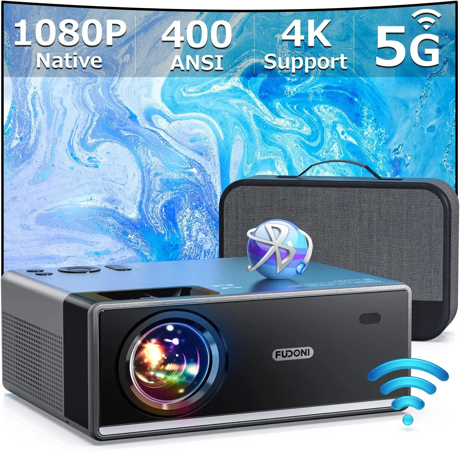 Projector with WiFi and Bluetooth, 5G WiFi FUDONI outdoor projector with 350 ANSI Max 300 inch display screen, black