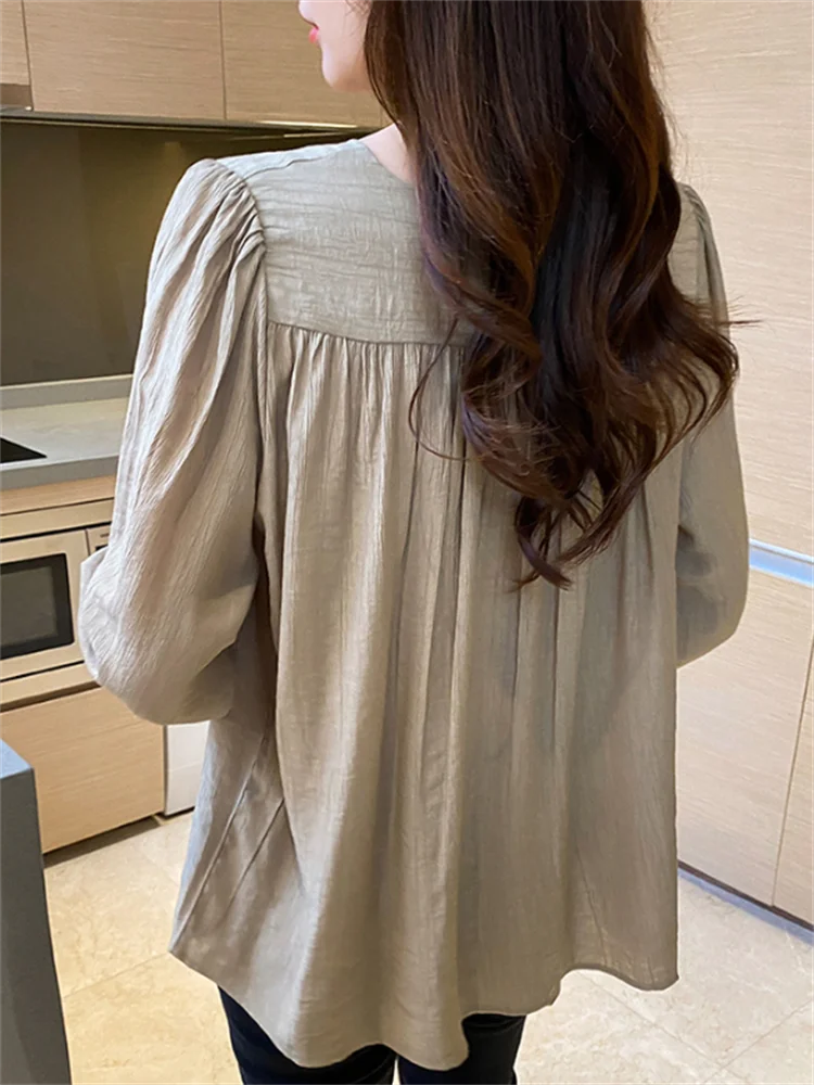 Elegant Pleated Blouses Women Pullover Long Sleeve Squared Neck Office Lady Sweet Shirt Casual Top Splicing Female Blouses