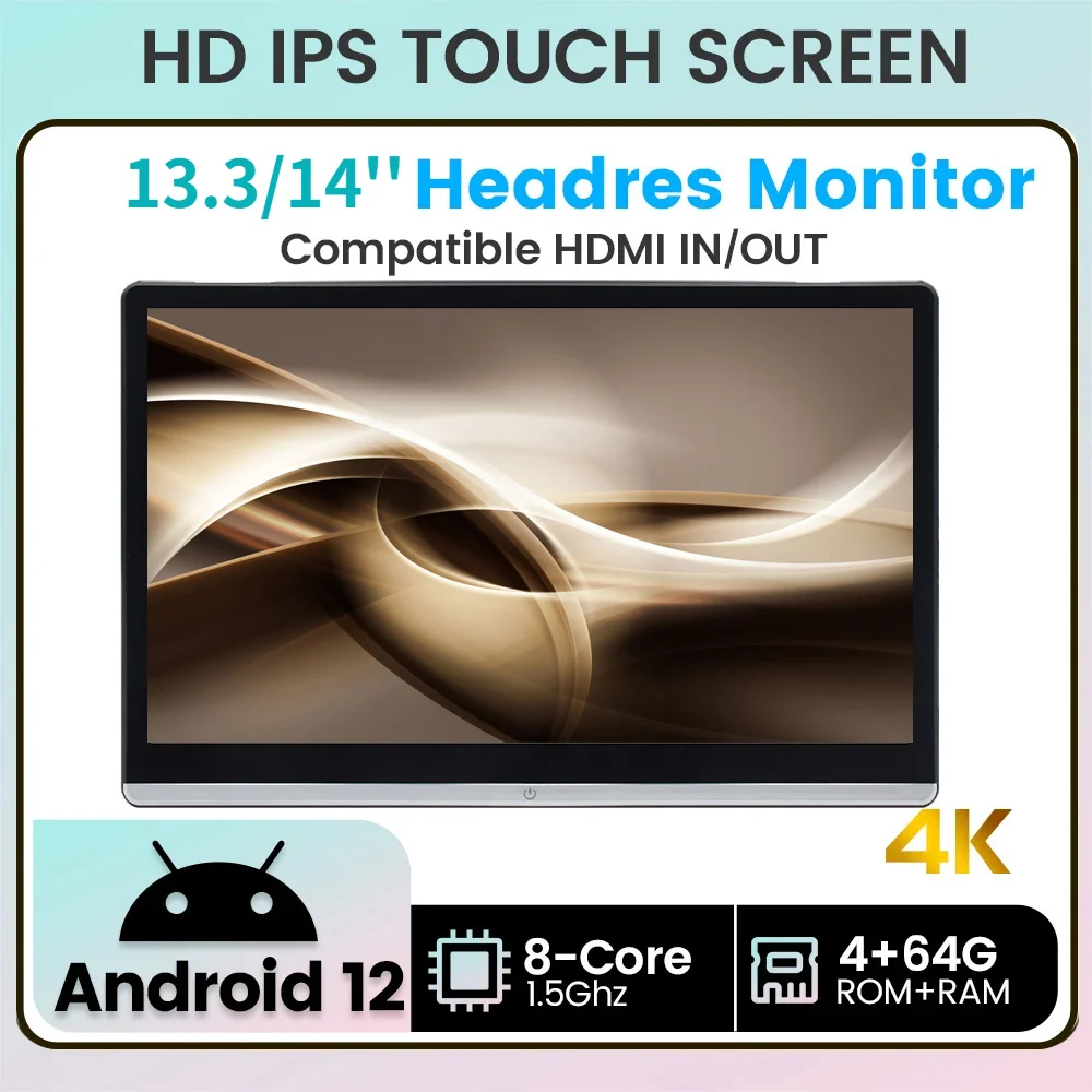 13.3/14‘’ Headrest Monitor Display IPS Android 12 Touch Screen For Car Rear Seat Player Video Music FM BT AirPlay Dual HDMI