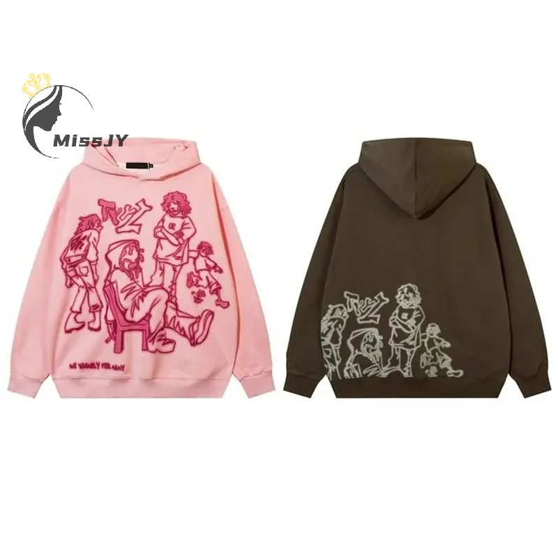 2024 Y2K Streetwear Pink Hoodie Sweatshirt Funny Graffiti Cartoon Print Loose Harajuku Anime Hooded Pullover Hip Hop Hipster