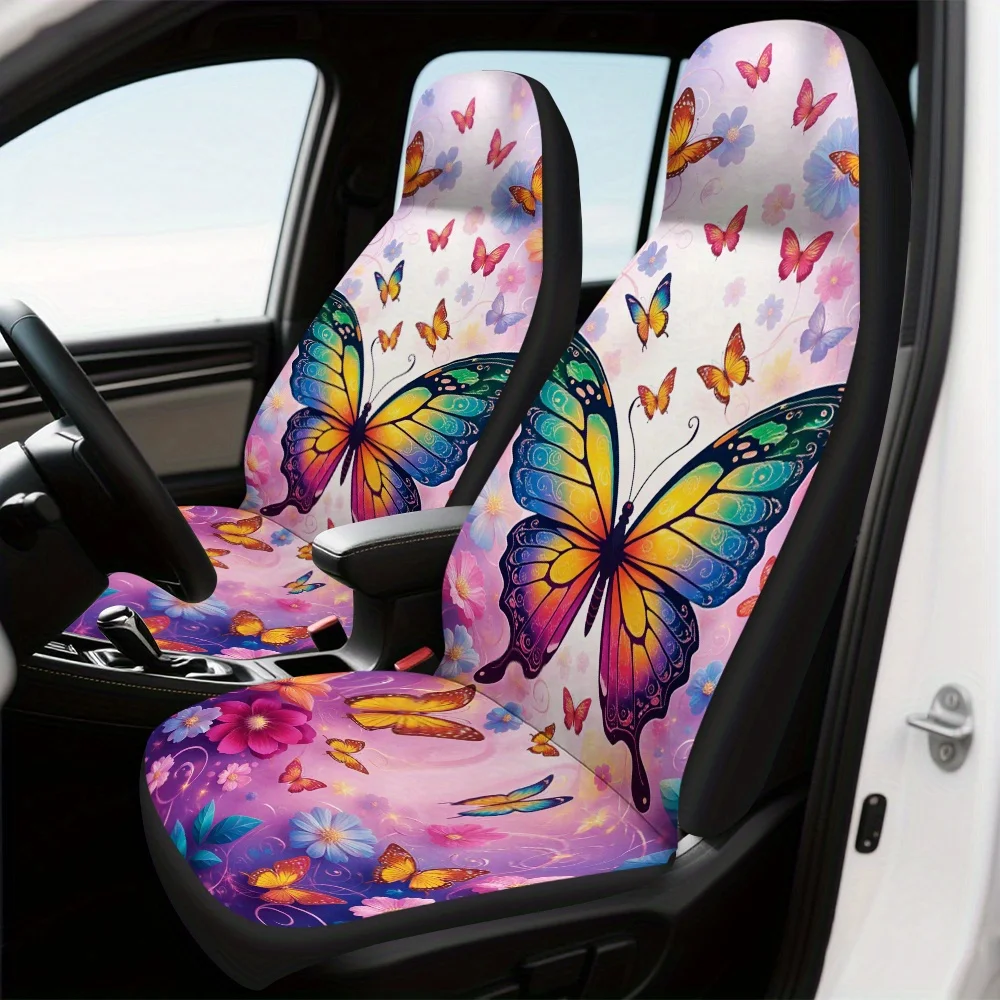 Set Of 2, Vibrant Butterfly Fantasy Artwork Car Seat Covers, Complete Universal Fit, Washable Front Seat Covers For Vehicle Inte