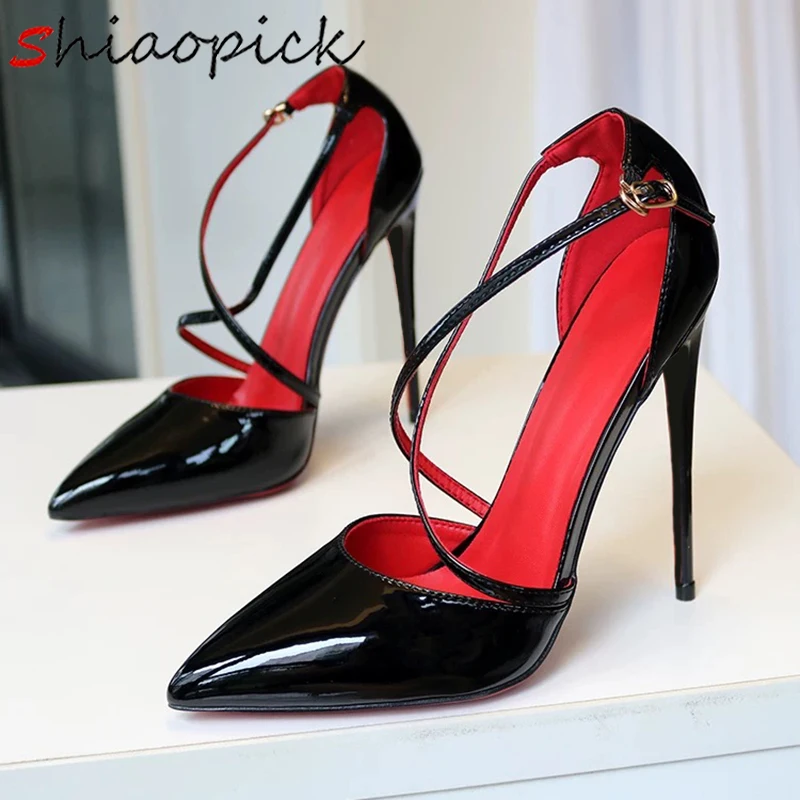 

Модные черные однотонные туфли на очень тонком высоком каблуке 12 см, сексуальные блестящие туфли-лодочки с перекрестным ремешком на щиколотке, рождественский подарок, модельные туфли на шпильке, женская обувь