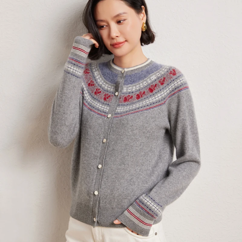 30% 캐시미어 및 70% 울 여성용 오 넥 카디건 빈티지 대비 컬러 스웨터 니트웨어 가을 겨울 두꺼운 자카드상의