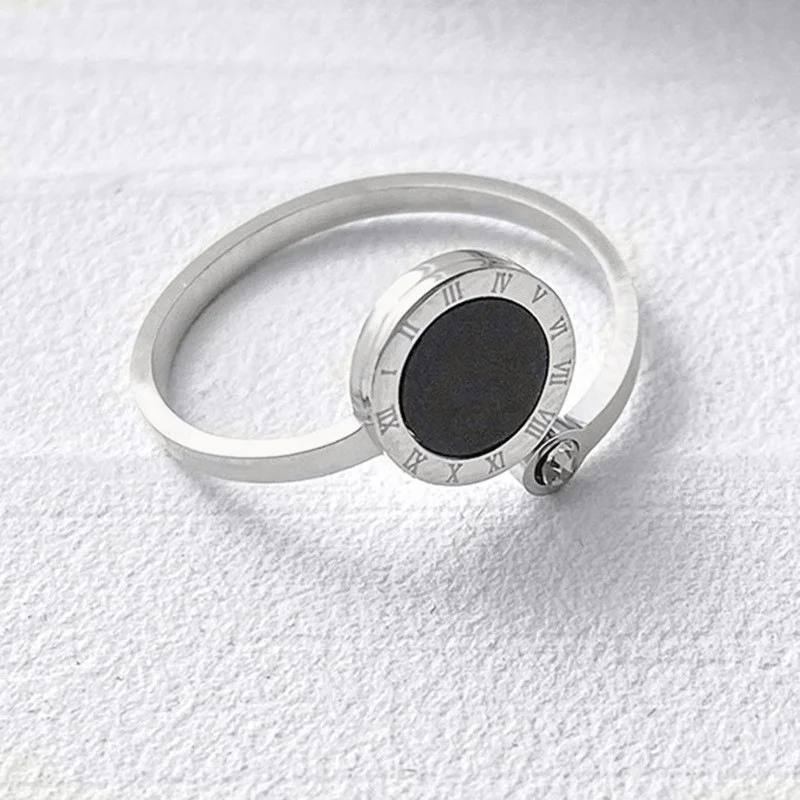 Roman Numeral Black Shell  Stainless Steel Opening Rings for Women Adjustable Zircon Tail Ring Fashion Female Jewelry Gift