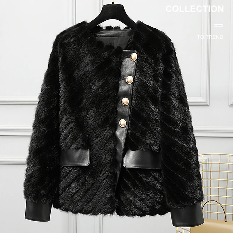 Mink Fur Coat Round Neck Women\'s Clothes Natural Fur Mink Coats Winter Warm Short Leather Sleeves Female Black Jacket Outwear