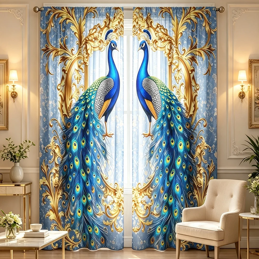2PCS Digital Printed Curtains, Luxury Blue Peacock Golden Baroque Frame Pattern, Elegant Style for Bedroom Living Room Decor