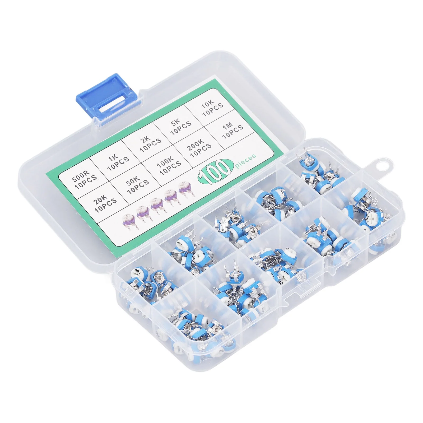 100 Pcs Variable Resistor 10 Values 500R To 1M RM065 Blue White Trimmer Potentiometer Assortment Kit