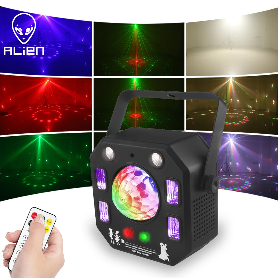 

ALIEN 4IN1 RG Patterns Laser Projector Strobe Magic Ball UV Blacklight Stage Lighting Effect DJ Disco Party Dance Wedding Lamp