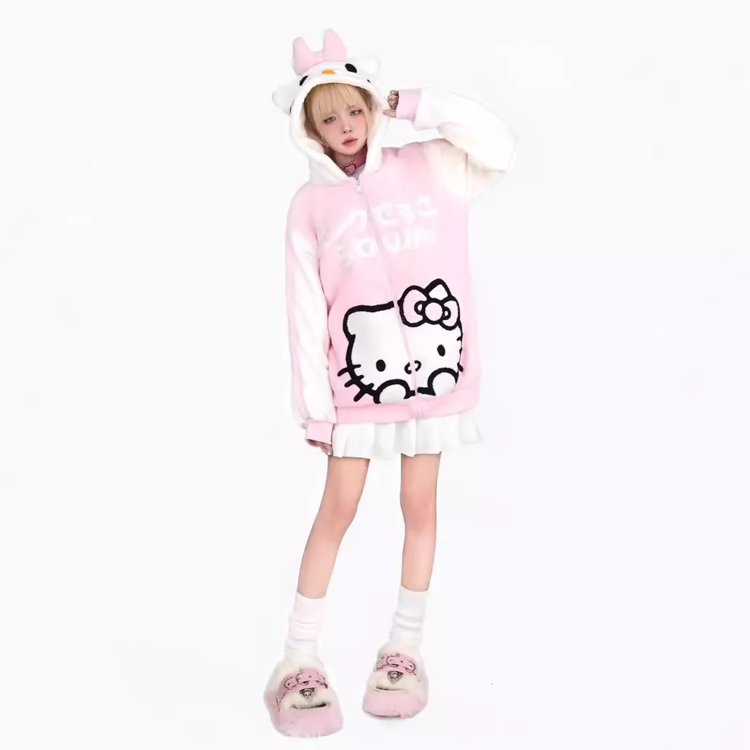 Simpatico dolce Hello Kitty nuovo caldo felpa in velluto con cappuccio cappotto Kawaii Cartoon autunno inverno cardigan oversize giacca esterna in