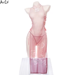 AniLV 2024 Spring New Pink Sakura Transparent Cheongsam Temperament Clothes For Women Moon Dress Outfits Set Erotic Costumes