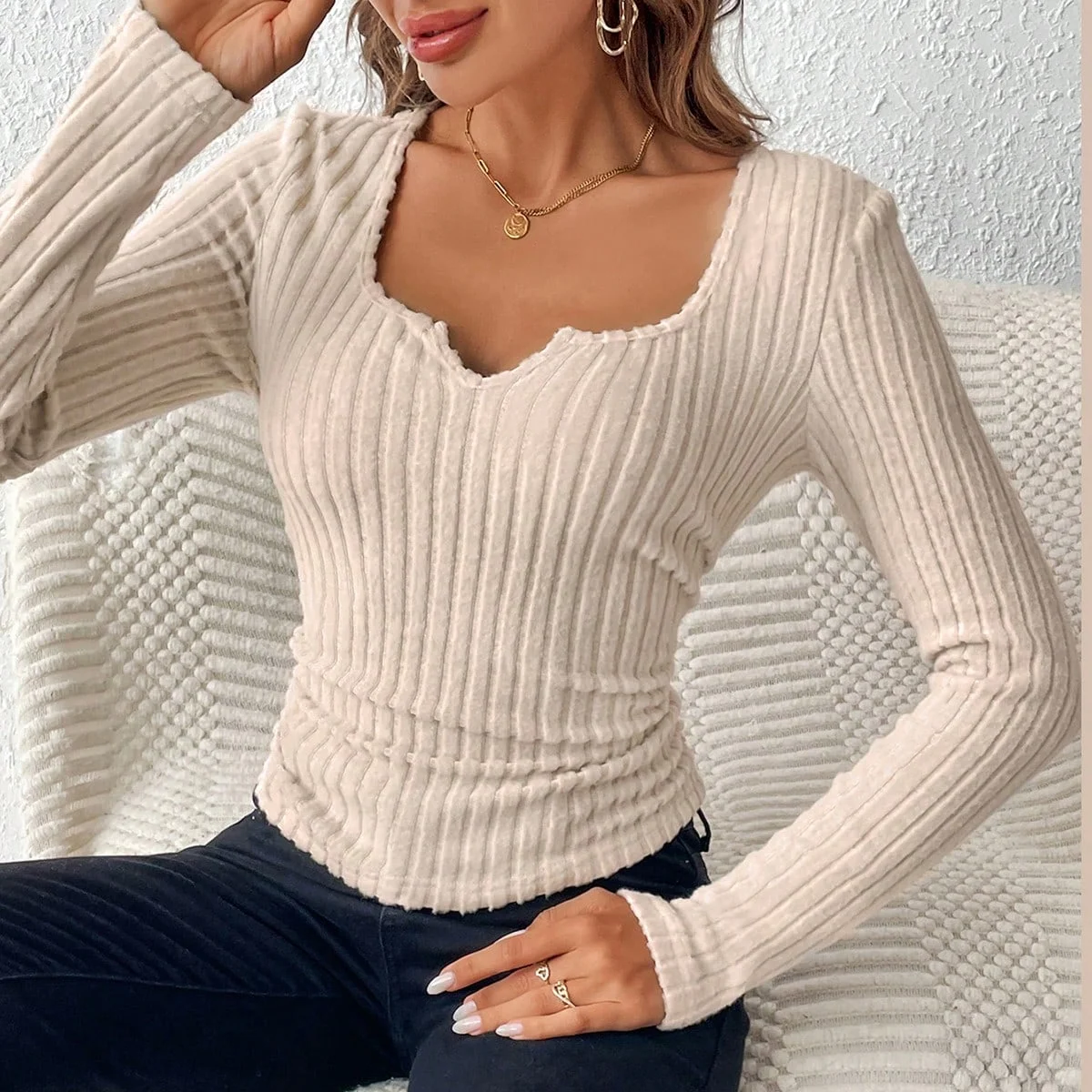 Knitted long sleeve wide neck slim slim fashion new sexy tight top