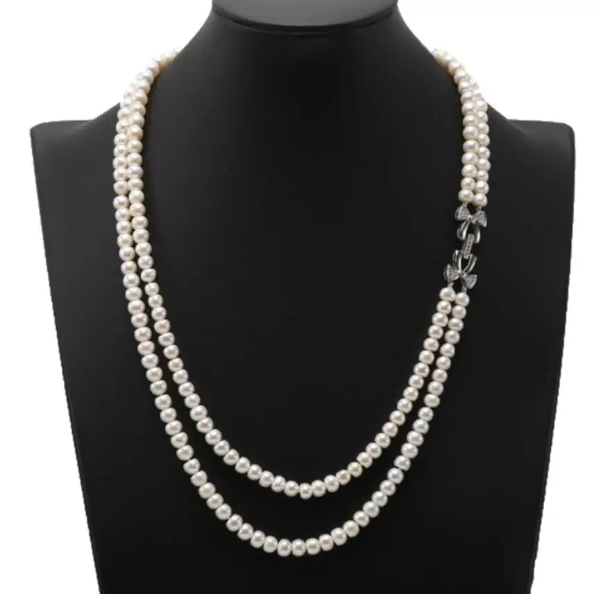 

Double-strand 7-7.5mm White Flatly Round Freshwater Pearl Necklace Wedding Gifts