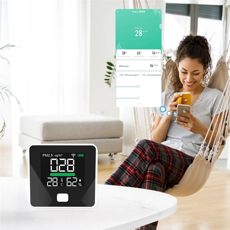 AT77 Tuya WiFi Air Quality Meter PM2.5 Temperature Humidity Tester Portable LED Display for Home Office