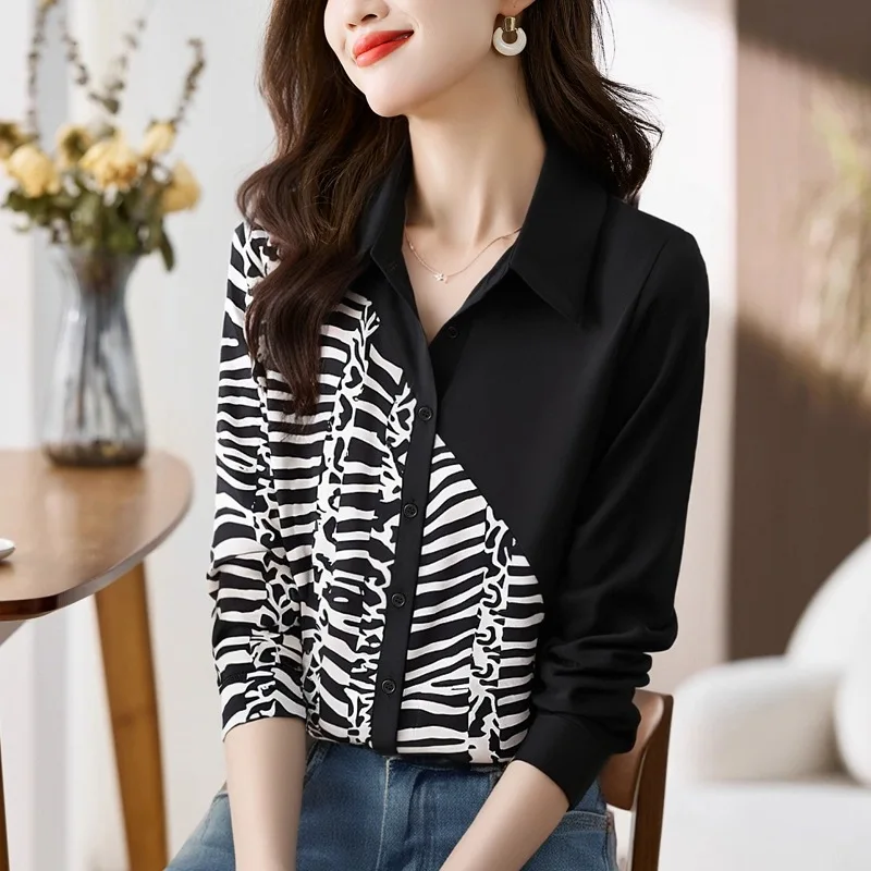 Moda casual outono feminino turn-down colarinho cor-bloco chiffon topo aberto cardigan camisa base listrado leopardo impressão