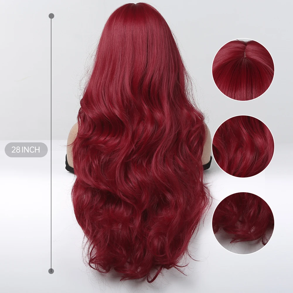 ALAN EATON Red Long Water Wave Hair Wig Natural Looking Synthetic Wigs with Bangs for Black Women Party Halloween Heat Resistant