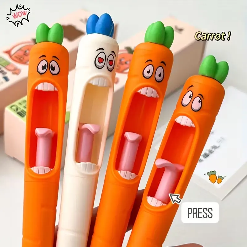 Set mit 4 schreienden Karottenförmigen Gelstiften, inklusive lustigem Zungenmechanismus, inklusive 0,5 mm schwarzen Tintenminen, Bürobedarf