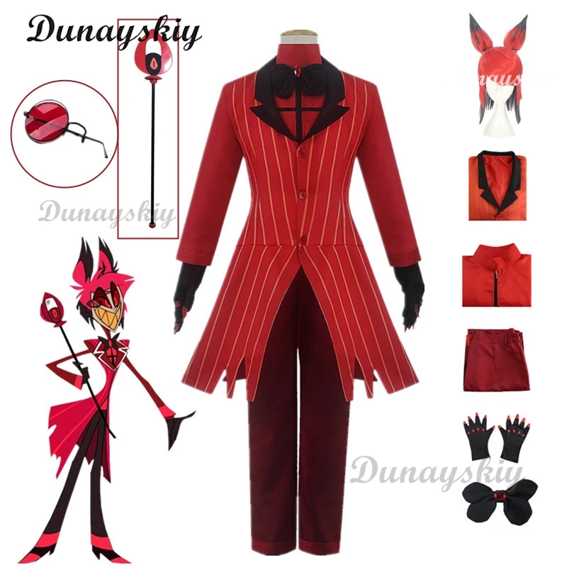 Hazbin Cosplay Hotel uniforme ALASTOR Costume Cosplay uomini adulti Halloween uniforme giacca pantaloni costumi vestito rosso Anime Cosplay