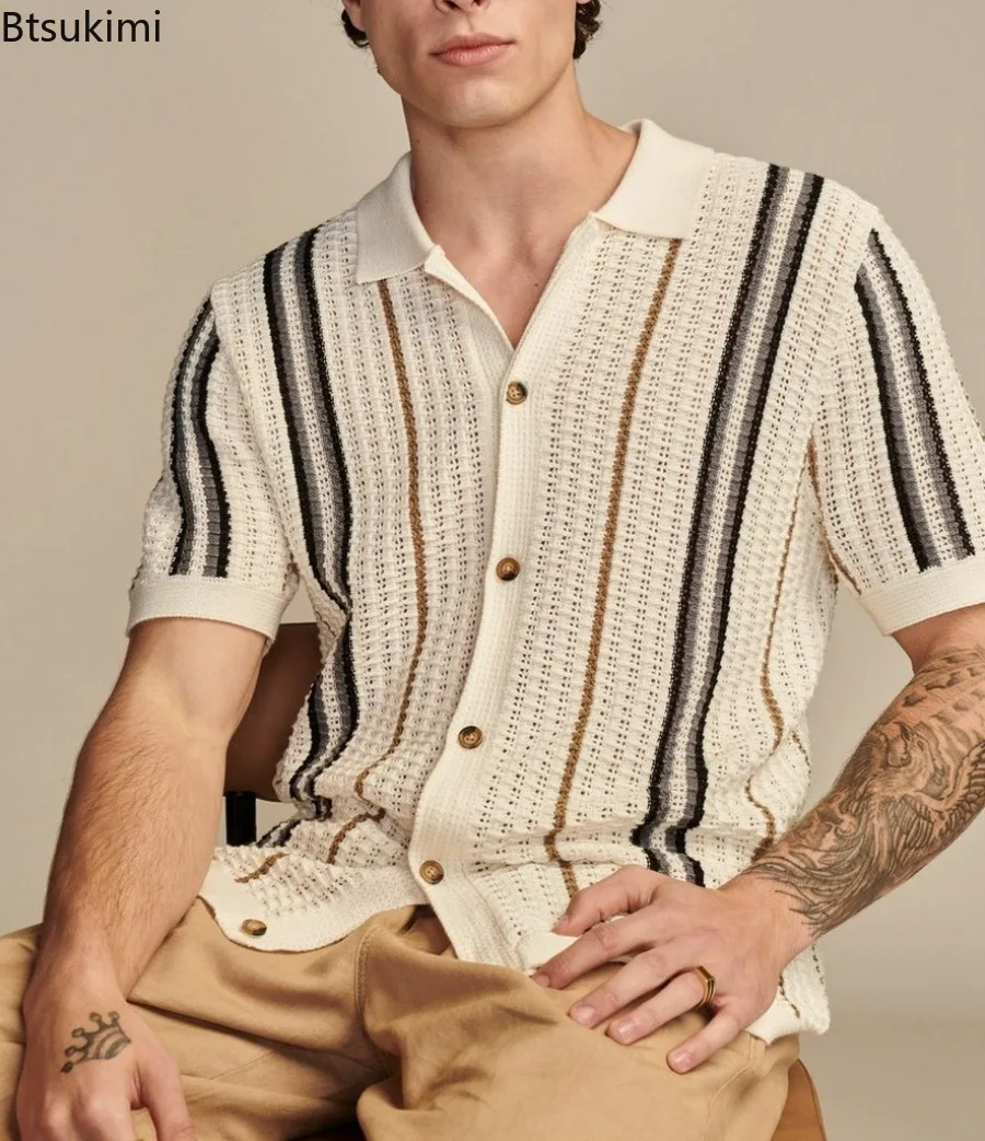 Luxury Men's Summer Knitted Shirts Breathable Slim Fit Short Sleeve Knit Casual Shirt Men Vintage Striped Crochet Knitting Shirt