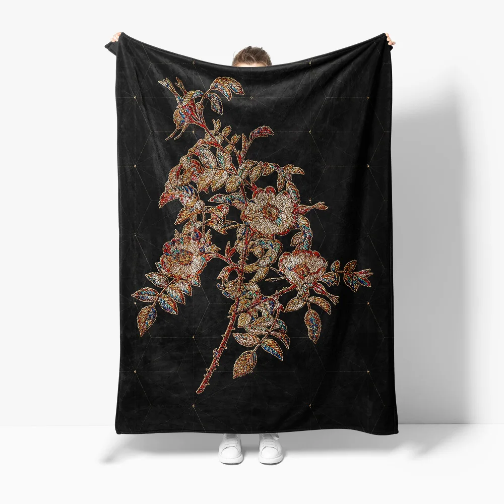 Faux Fur Throw Blanket with Floral Branches Pattern Decorative Sofa Bed Living Room Blanket for Home Decor
