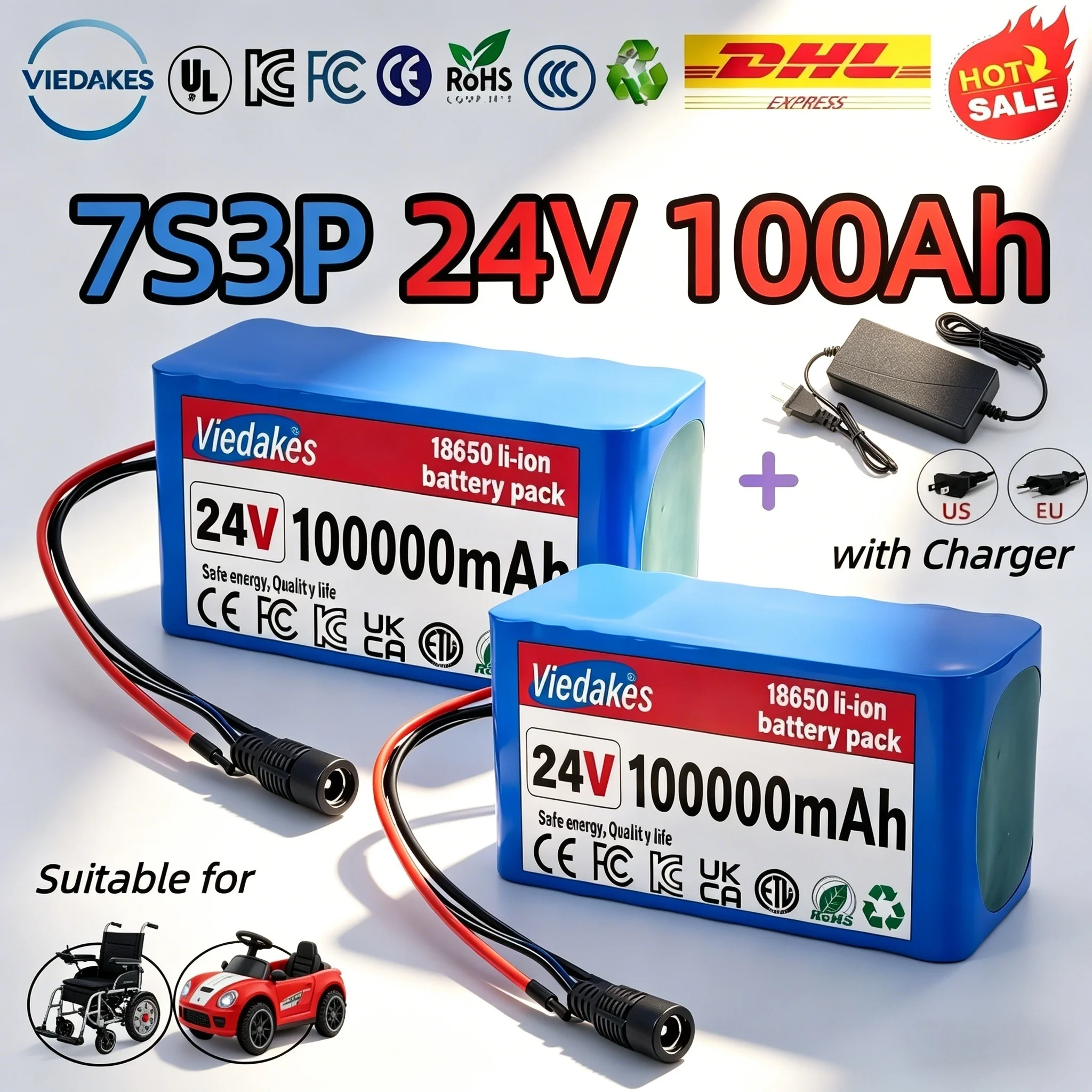 

7S3P 24V 100Ah 18650 Lithium Battery Pack with BMS +29.4V 2A Charger for Electric Wheelchair Scooter