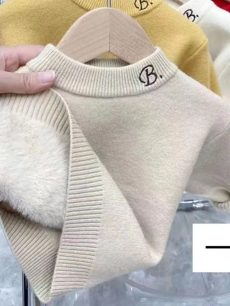 

Girls Winter Knitted Sweater Thiened Inteated Velvet Casual High Collar Warm Fluffy Long Sve round Ne Commute Sle