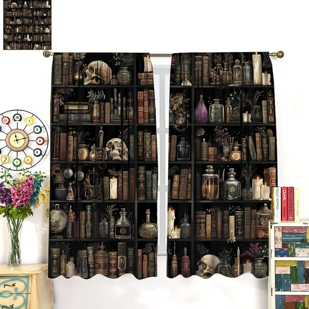 Elegant Gothic-Inspired Book-Patterned Window Curtains with Skull and Floral Accents, 84 x 84 for Living Spaces and Bedrooms