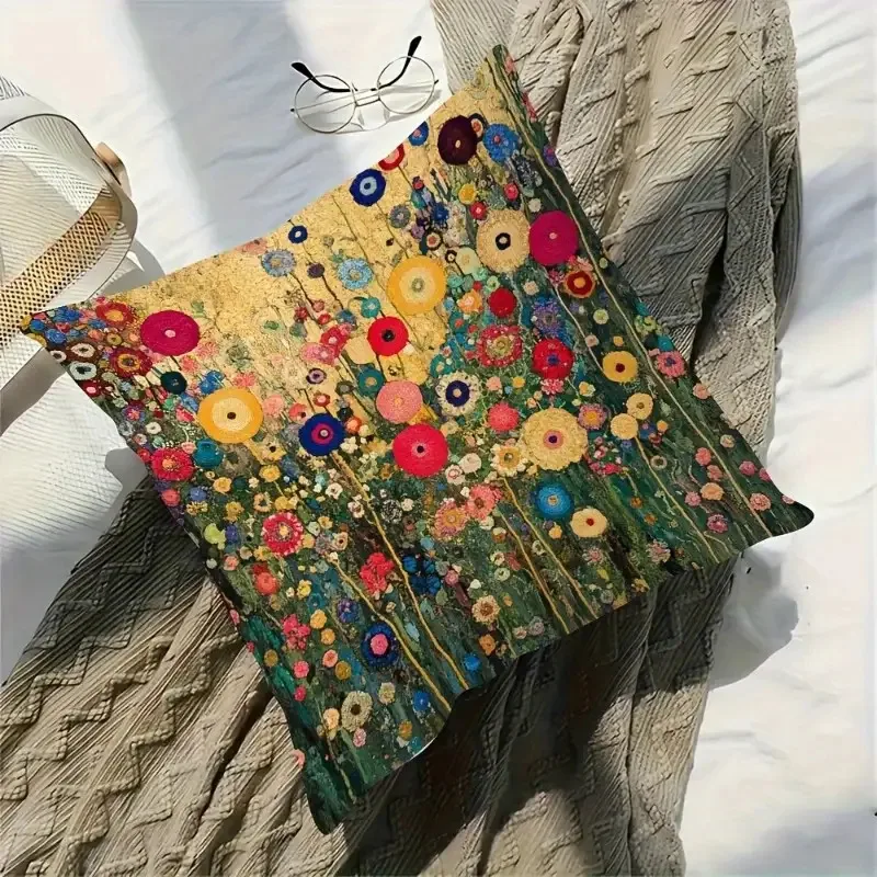 1pc Vintage Gustav Klimt Flower Pillow Cover 2D Double-Side Print Polyester Cushion Case for Home Car Interior Sofa Bedroom Deco