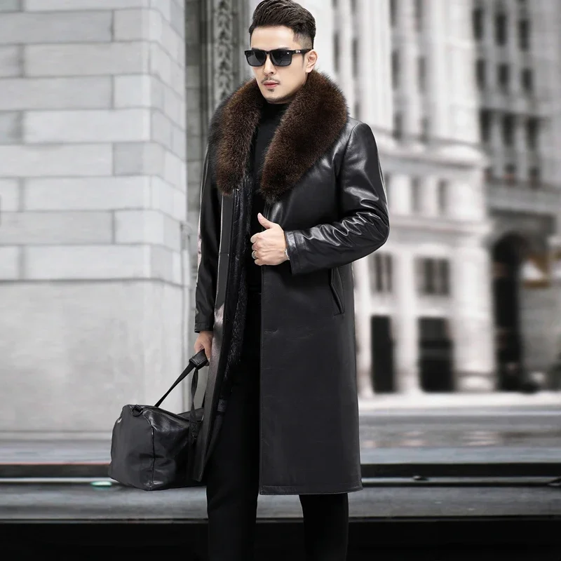 Top Layer Cowhide Natural Leather Jacket Men Whole Mink Real Fur Liner Parkas Men's Long Fur Jackets and Coats Male Clothing FCY