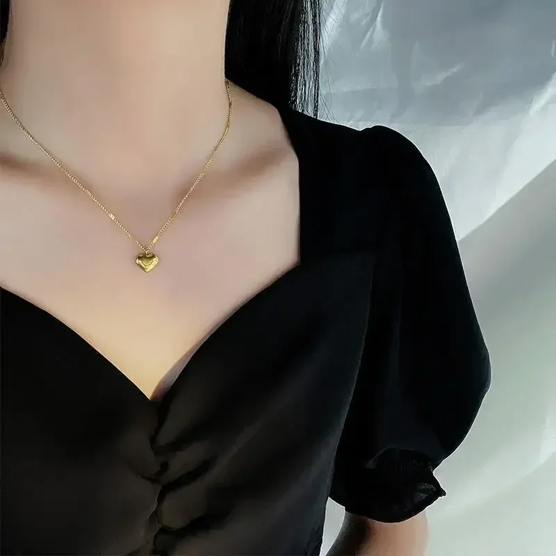 1Pc Gold Color Necklace for Women Simple Fashion Peach Heart Pendant Engraved Love Collarbone Stainless Steel Chain Holiday Gift