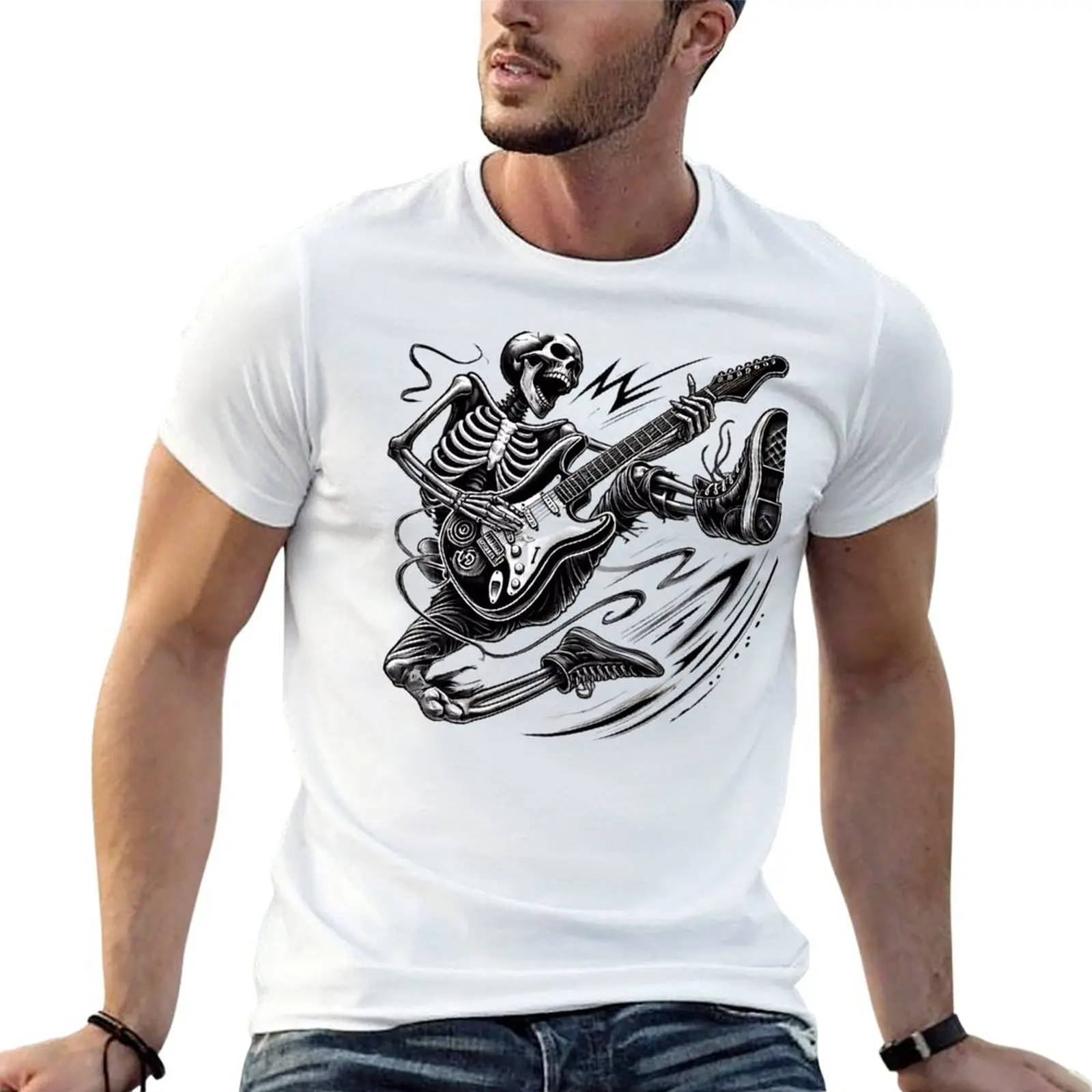 

Skeleton Rocker: Jamming to the Bone. T-Shirt t shirts for man pack cotton t shirts for man graphic vintage T-Shirt
