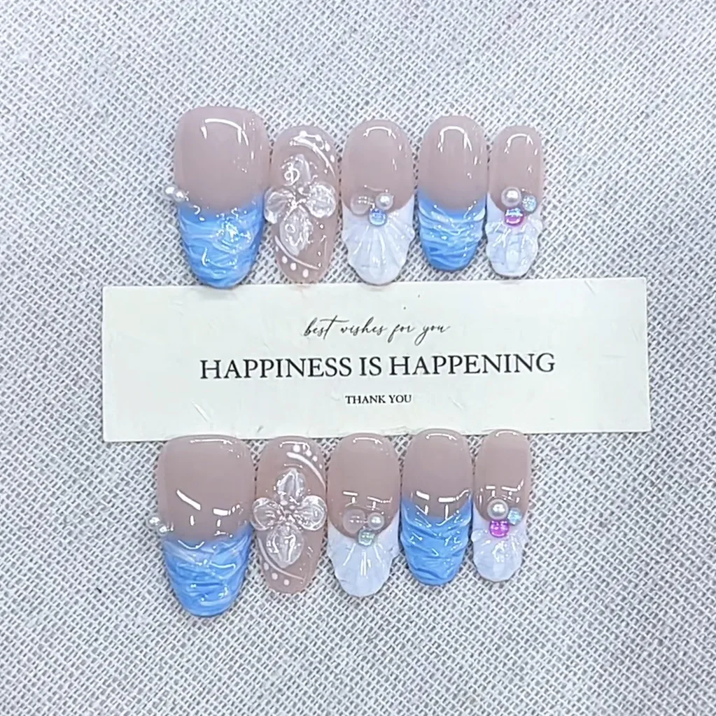 

10PCS Glossy Nude Medium Oval Handmade Press on Nails with 3D Carved Flower Pearl Fake Nails Blue French Wearable Manicure Nails