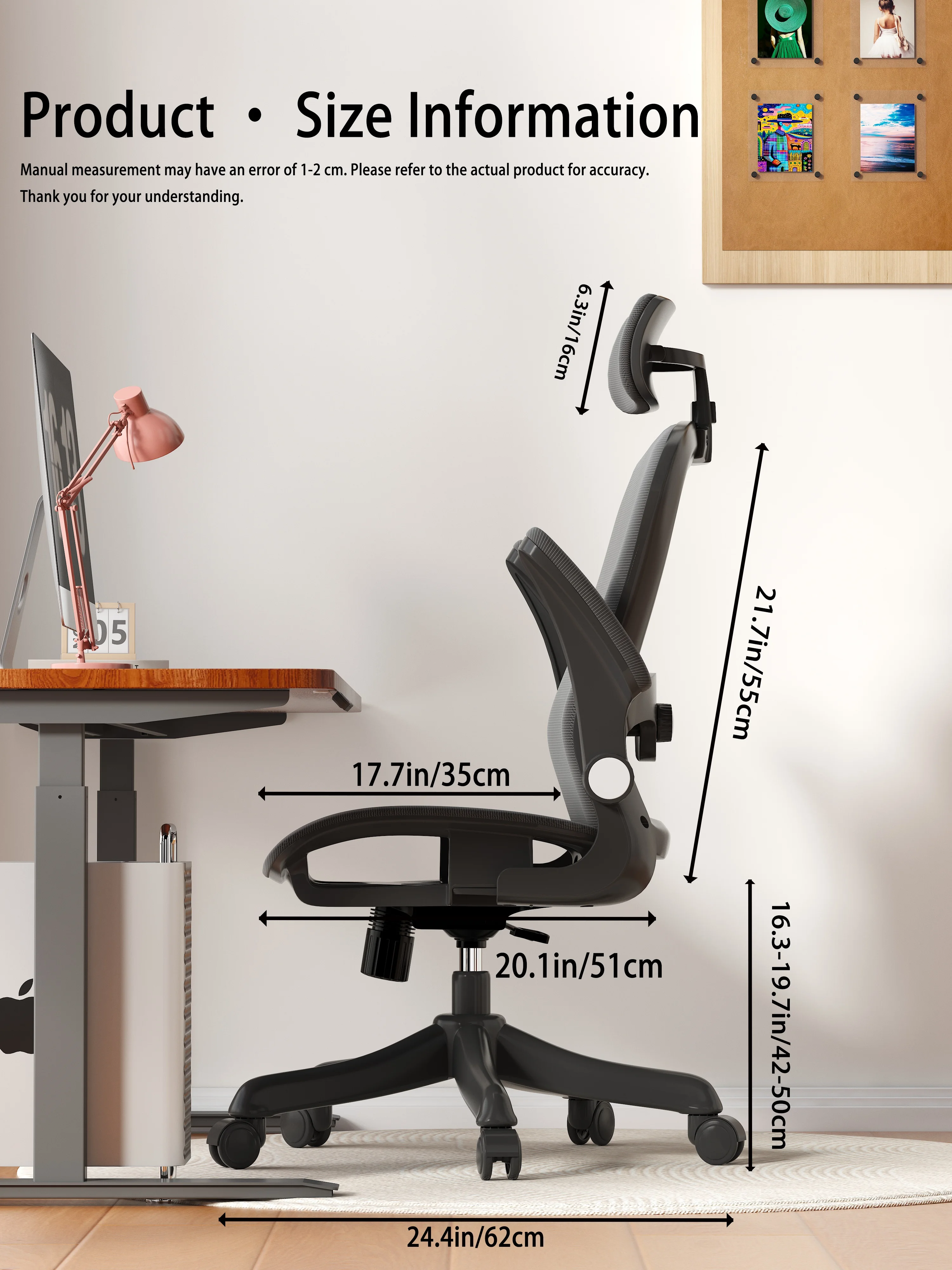 Ergonomic Office Chair with 90-Degree Features ° Flip-Up Armrests, Split-Back Office Chair with Four-Way Adjustable Lumbar Support, Space-Saving Computer Chair for Home Office, High-Back Mesh Chair, Silent Casters.