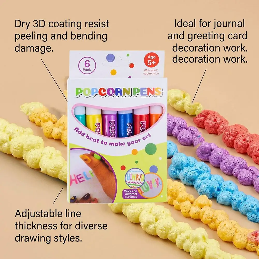 Popcorn Pen Set 6/12 Colors 3D Puffy Paint Pens Magic Microwave Expansion Craft Pen DIY Sensory Tactile Drawing Marker For Art