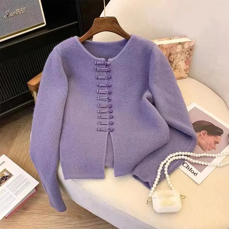 Cárdigan con botones de rana de estilo chino para mujer, suéter de punto suave, chaqueta, versátil y perezosa, otoño 2025