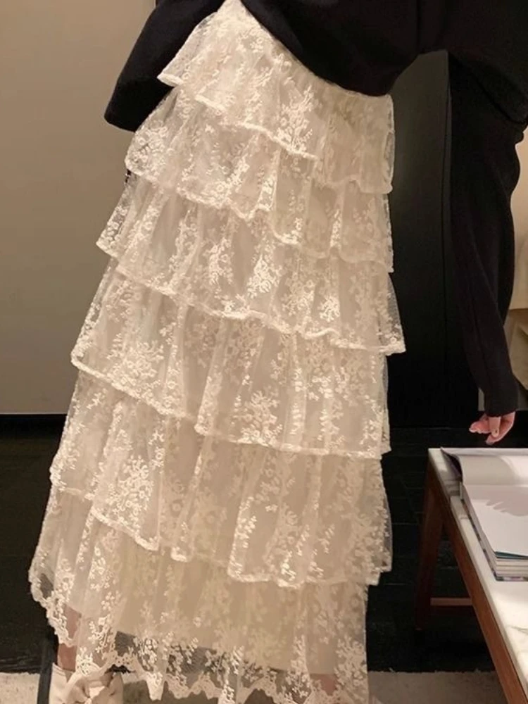 2026 Streetwear Lace Flower Embroidery Skirts Y2k Aesthetic Vintage Women Fairy Ruffled Faldas Harajuku Grunge Sweet Maxi Skirt
