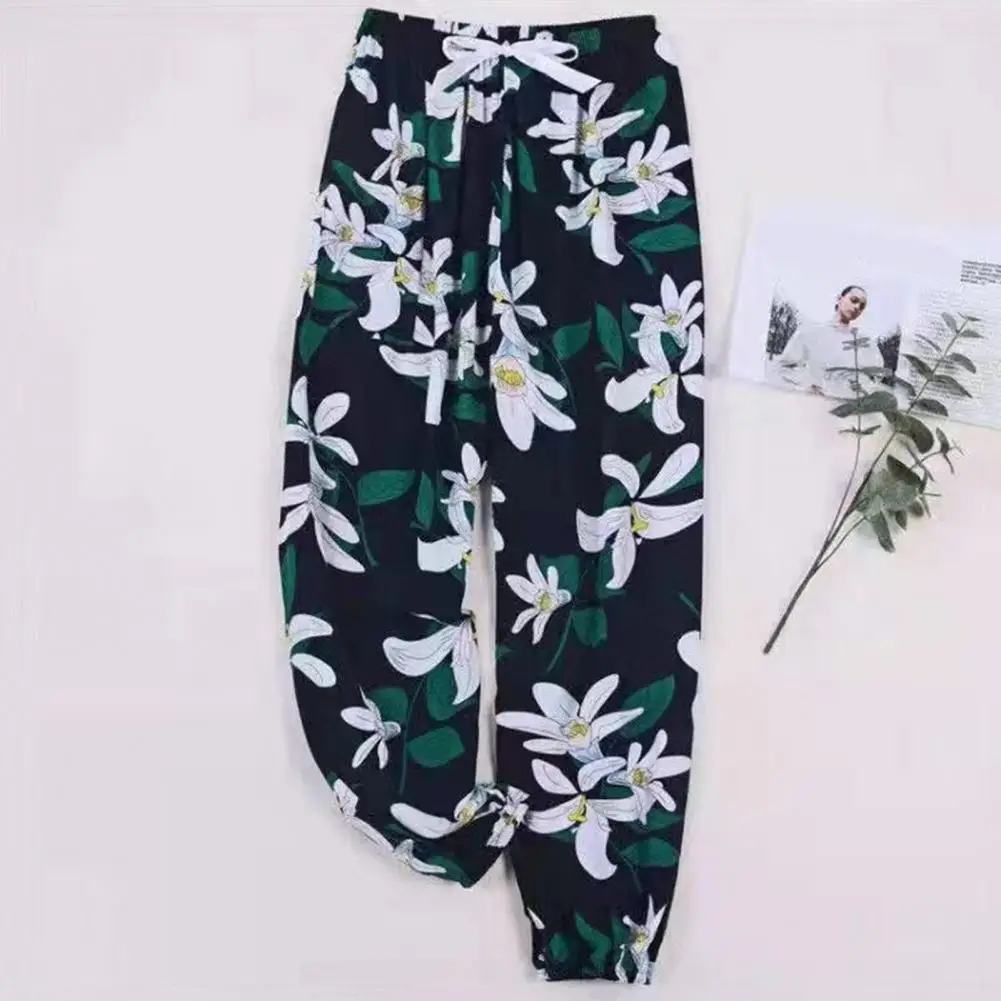 Loose Legged Trousers Floral Print Wide Leg Harem Pants for Women Elastic Drawstring Waist Trousers Lightweight Thin for Summer