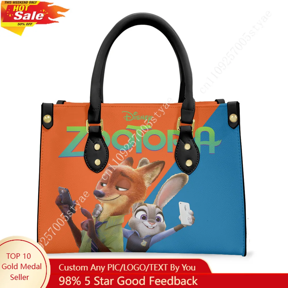 

Disney Zootopia Nick Wilde Tote Bag Purse Retro Street Womens Mens Text Image PU Leather Handbag Business Shopping Gift Bags