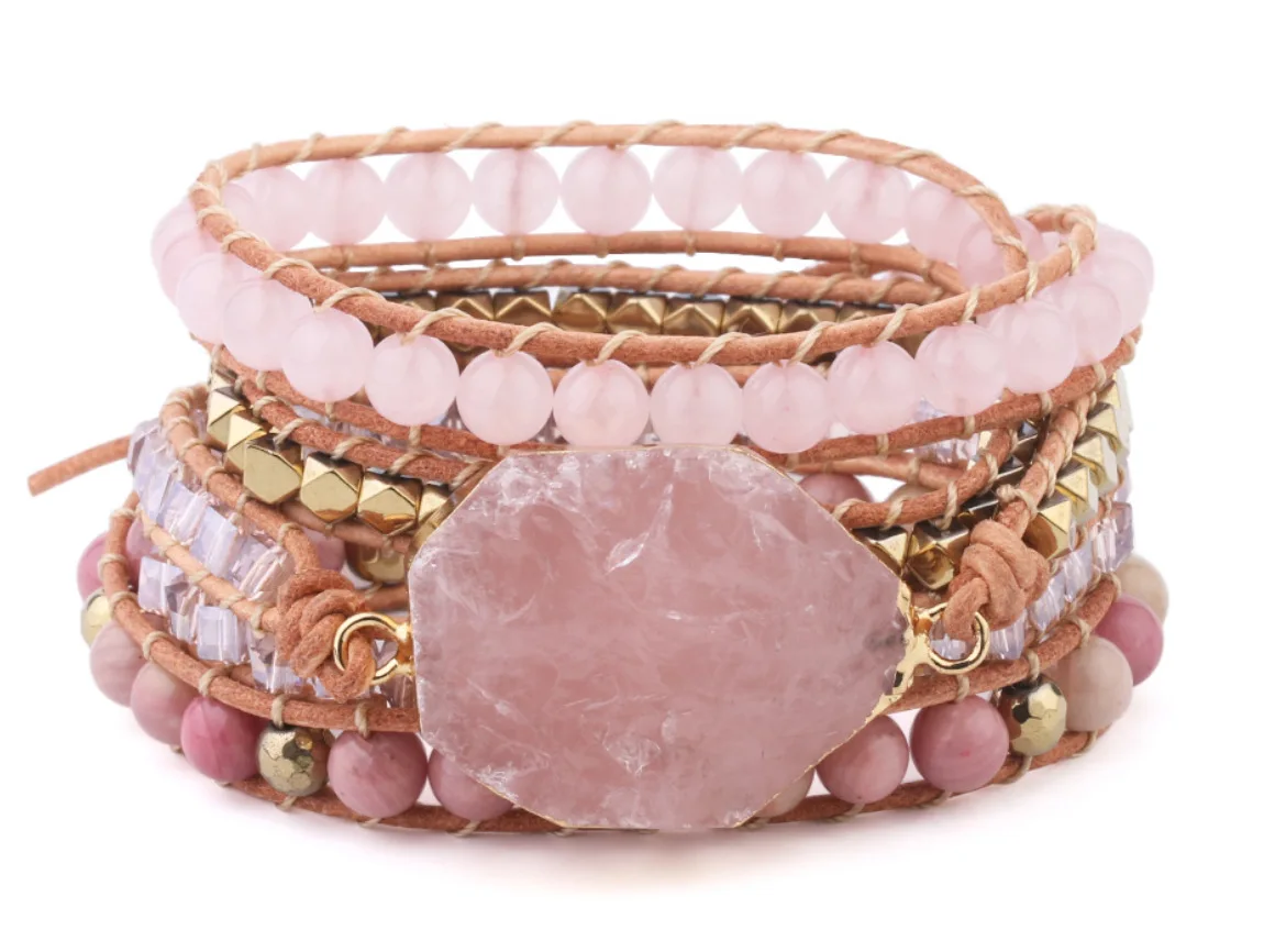 New Women Wrap Bracelet With Gemstone Rose Crystal Vintage Weaving Statement Fancy Girls Bracelet Bijoux Gifts