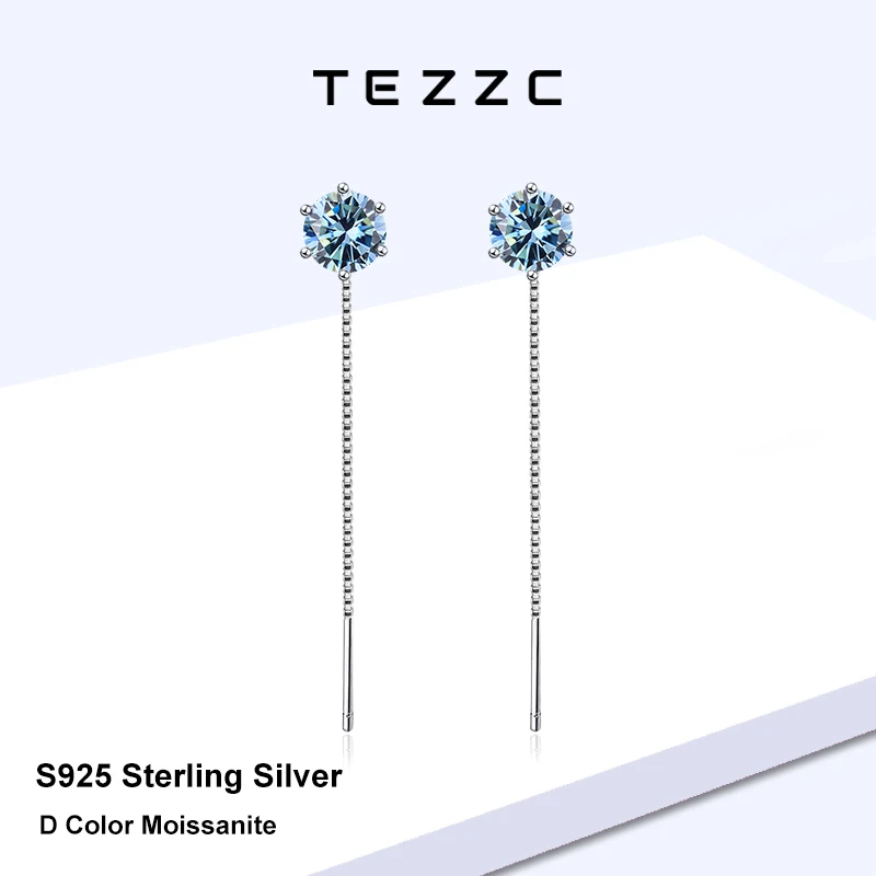 

Tezzc 0.5ct blue color Moissanite Drop Earrings For Women S925 Sterling Silver Colorful Long Earrings Wedding Party Fine Jewelry