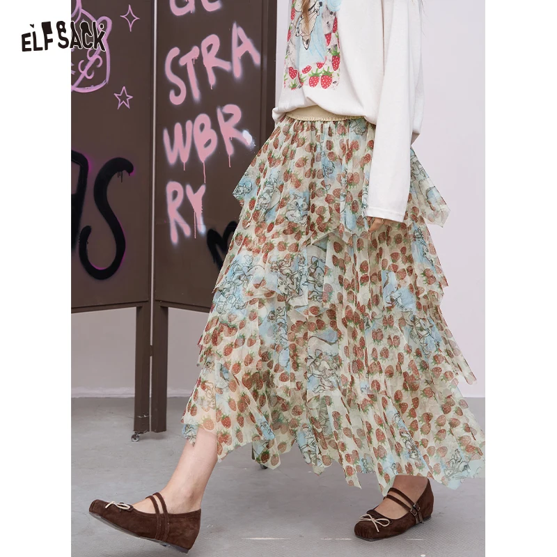 

ELFSACK 2025 Autumn New Arrival Straberry Full Print Chiffon Ankle-Length Skirt For Woman