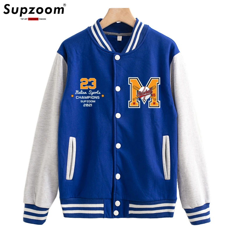 Supzoom 2022 New Arrival Rib Sleeve Cotton Top Fashion Logo Single Breasted Casual Bomber Baseball Jacket Loose Cardigan Coat